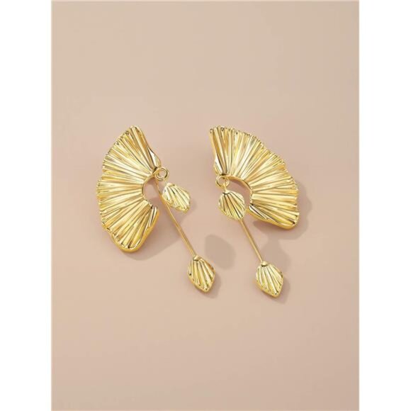 18K Gold Plated Boho Fan Earrings | Chunky Statement Dangle - Picture 6 of 7